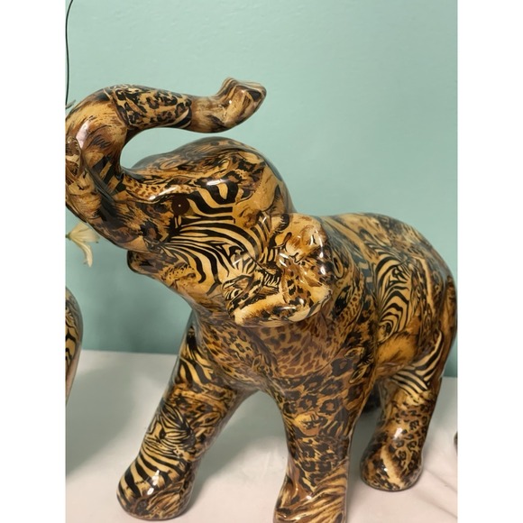 VTG La Vie 3 Piece Elephant, Vase, Tissue HolderSafari Patchwork Glazed Ceramic - Picture 2 of 8